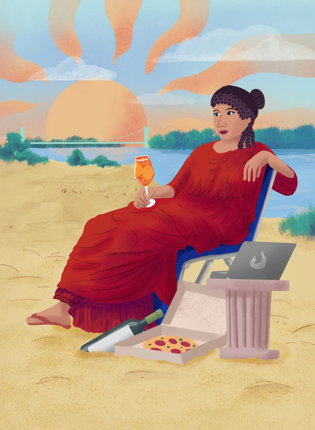 Illustration von Agrippina mit einem Aperol in der Hand. Vor ihr eine Flasche Wein und eine Pizza. Sie sitzt am Strand in Rodenkirchen.