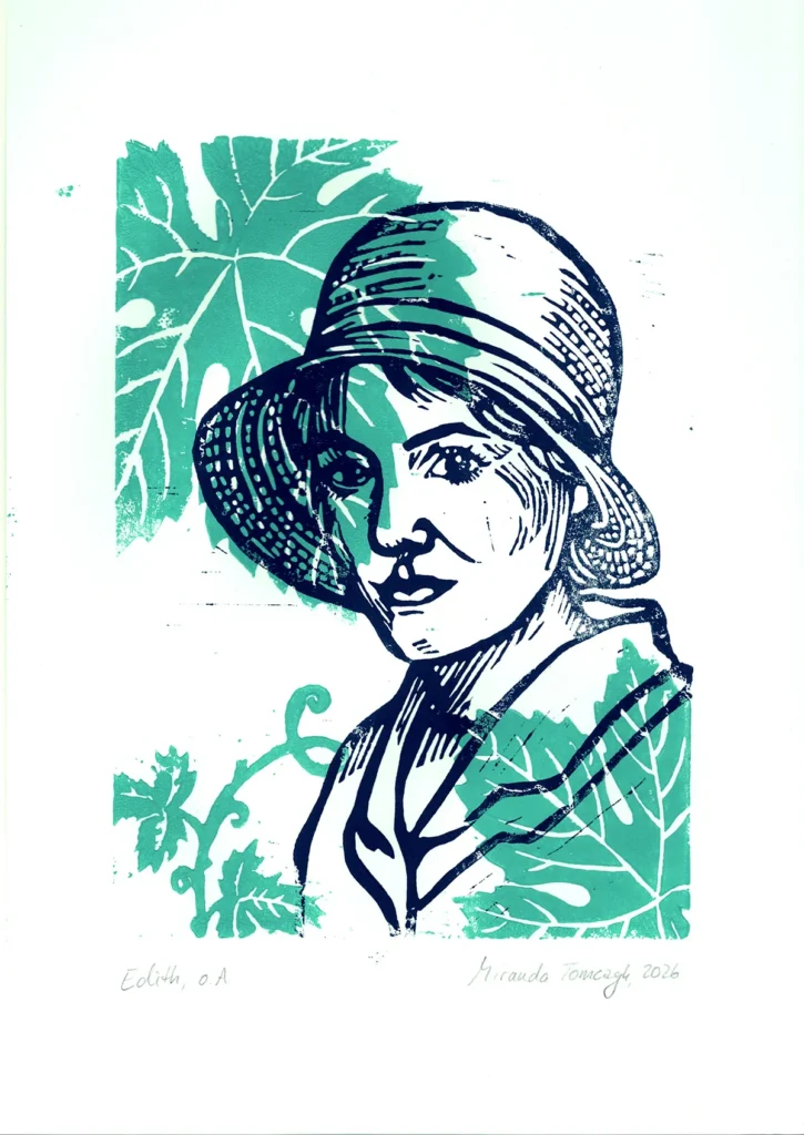 Linolschnitt: im Vordergrund ein Portrait von Edith Stein in dunkelblau, grüne Weinranken und Blätter im Hintergrund.