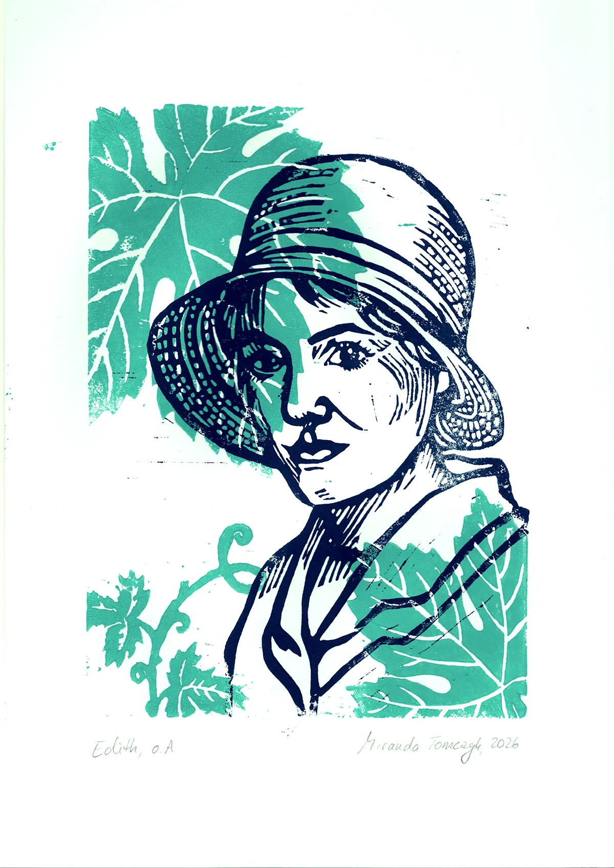 Linolschnitt: im Vordergrund ein Portrait von Edith Stein in dunkelblau, grüne Weinranken und Blätter im Hintergrund.