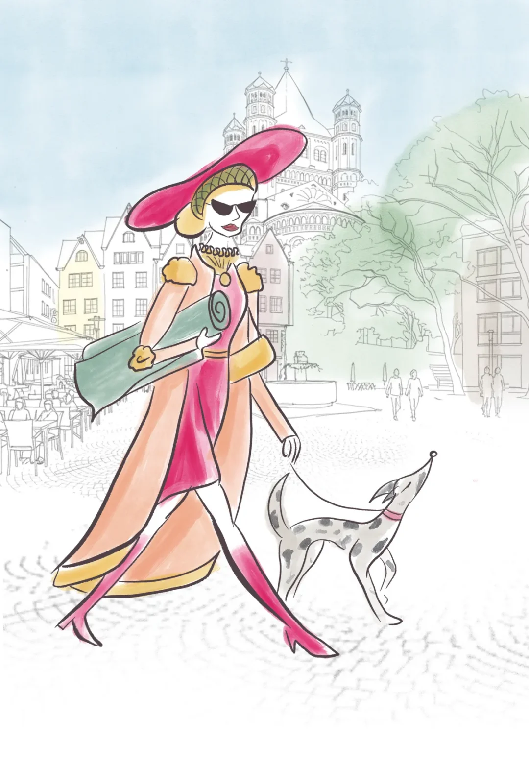 Illustration. Fygen Lutzenkirchen geht mit ihrem Hund durch die Kölner Altstadt spazieren. Arrogant schaut sie durch ihre Sonnenbrille den Betrachter an.