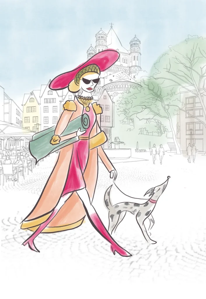 Illustration. Fygen Lutzenkirchen geht mit ihrem Hund durch die Kölner Altstadt spazieren. Arrogant schaut sie durch ihre Sonnenbrille den Betrachter an.