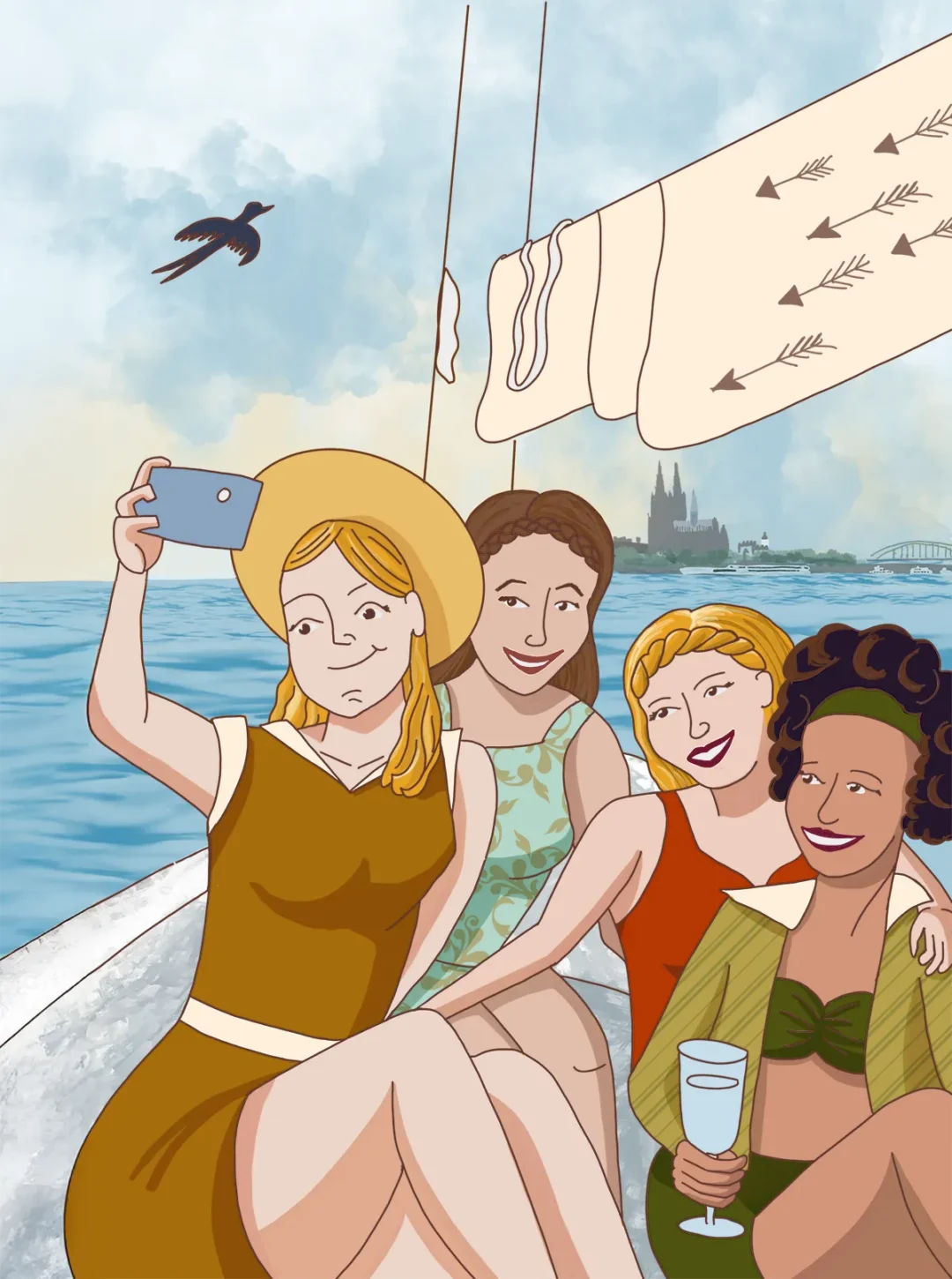 Illustration. Die Heilige Ursula macht Selfies von sich und ihren Freundinnen unterwegs auf dem Bootstrip. Im Hintergrund der Kölner Dom.