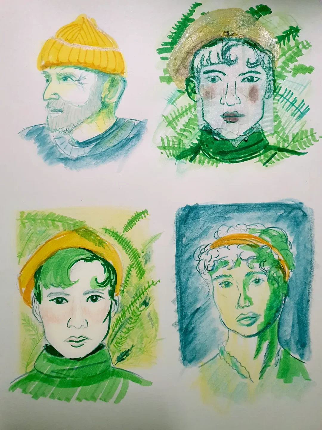 Beispielseite von Illustrationen: 4 Portraitübungen in grünen und gelben Farbtönen
