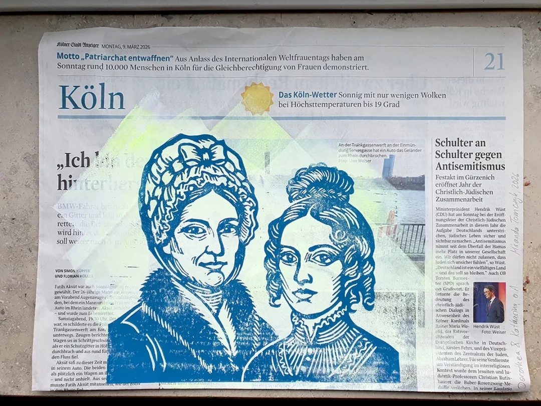 Linoldruck auf Zeitungspapier des Kölner Stadtanzeigers. Portrait von Katharina und Dorothea Schauberg