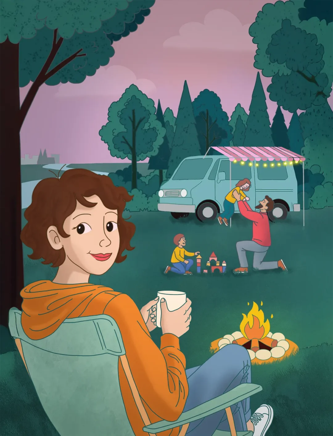 Illustration. Kaiserin Theophanu ist mit dem Van auf Reisen und sitzt mit ihrer Familie am Campingplatz in Poll.