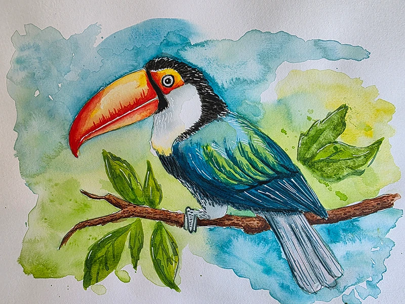 Aquarellbild eines farbenfrohen Tukans