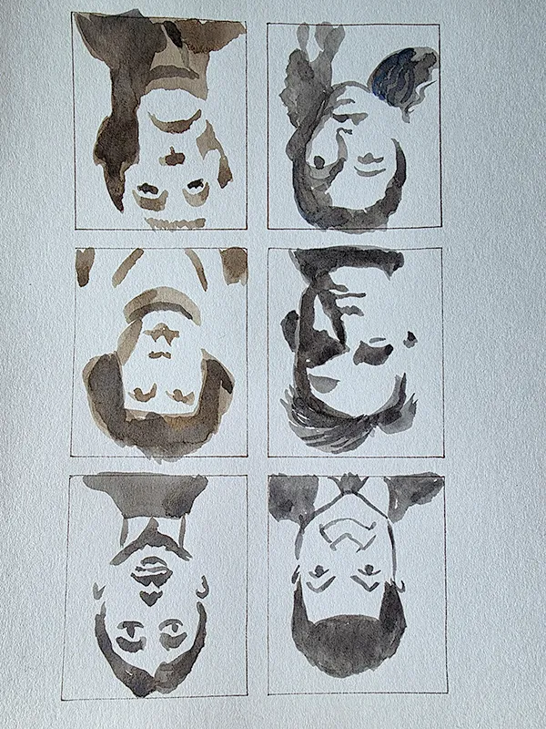 Sechs Schwarz-Weiß Portraits auf dem Kopf gezeichnet. Sie bestehen lediglich aus Schatten