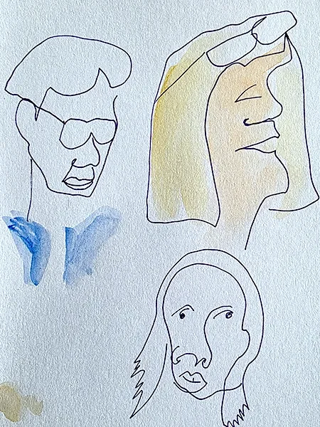 Völlig unrealistische Gesichter, die "blind gezeichnet" sind -also ohne auf das Papier zu schauen.
