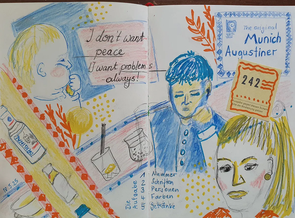 UrbanSketch: Collage von Eindrücken aus dem Augustiner in Köln. 3 Personen, einige Getränke, ein Getränkebon