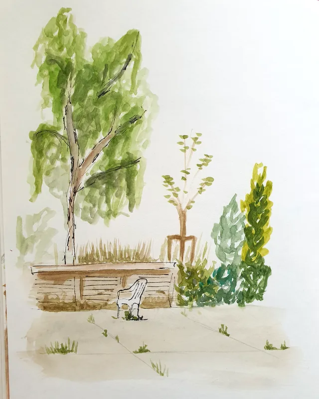 UrbanSketch: Kulturhof Kalk, ein einzelner Plastikstuhl steht im Hof vor einem Baum und Gebüsch.