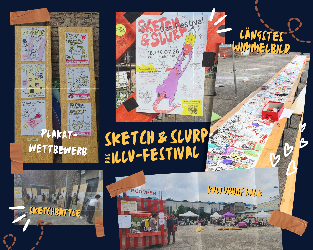 Eine Fotocollage mit Eindrücken vom Sketch and Slurp Illustrationsfestival