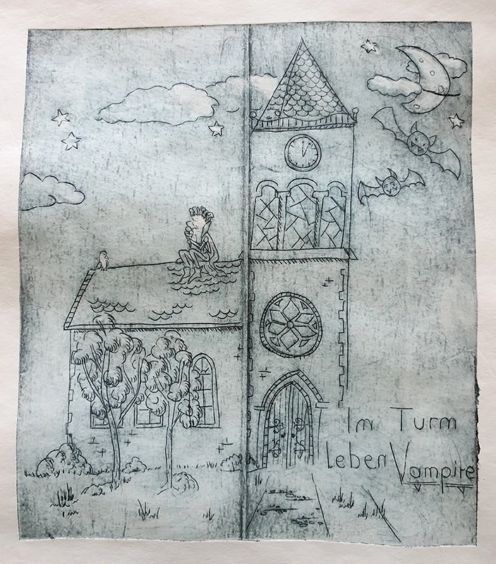 TetraPakDruck Ein Vampir sitzt auf einem Kirchendach und schleckt an einem Eis. Wolken, Sterne und ein käsiger Mond am Himmel.